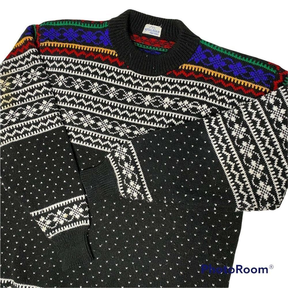 Vintage Himalayan Knitters Sweater Black Rainbow Multi Color Wool WARM FUZZY 90s
